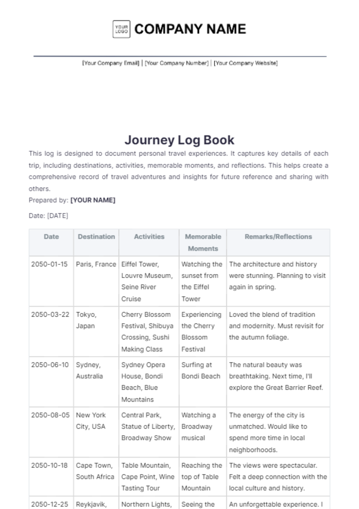 Journey Log Book Template