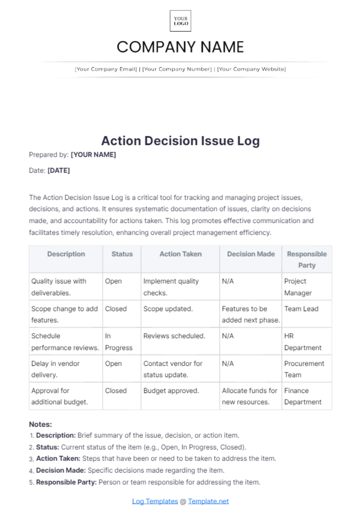 Action Decision Issue Log Template