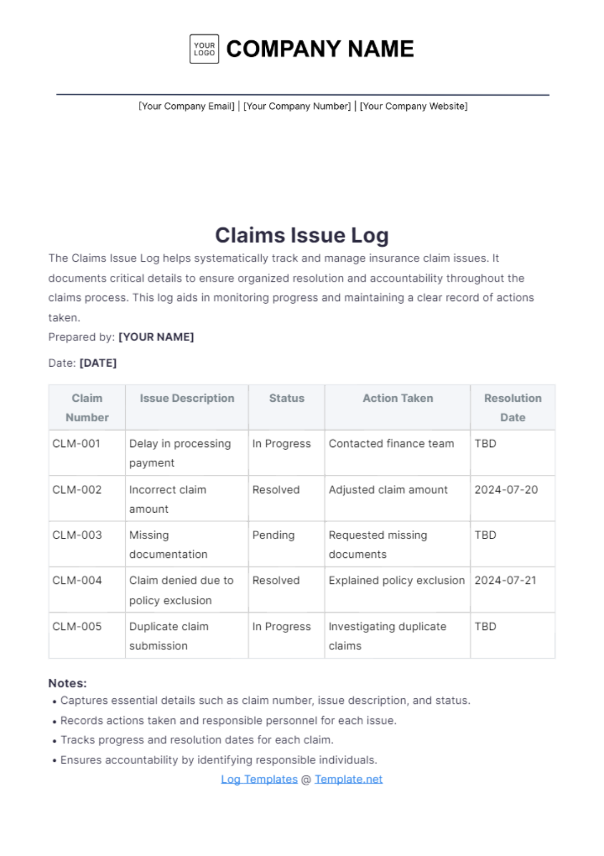 Claims Issue Log Template - Edit Online & Download