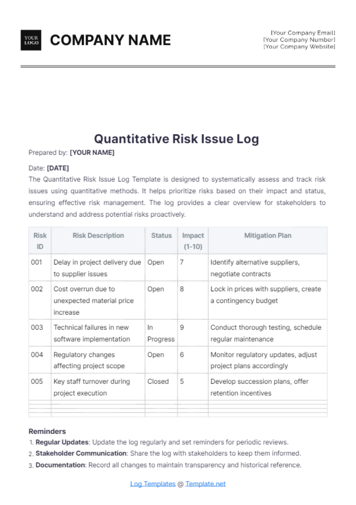 Quantitative Risk Issue Log Template