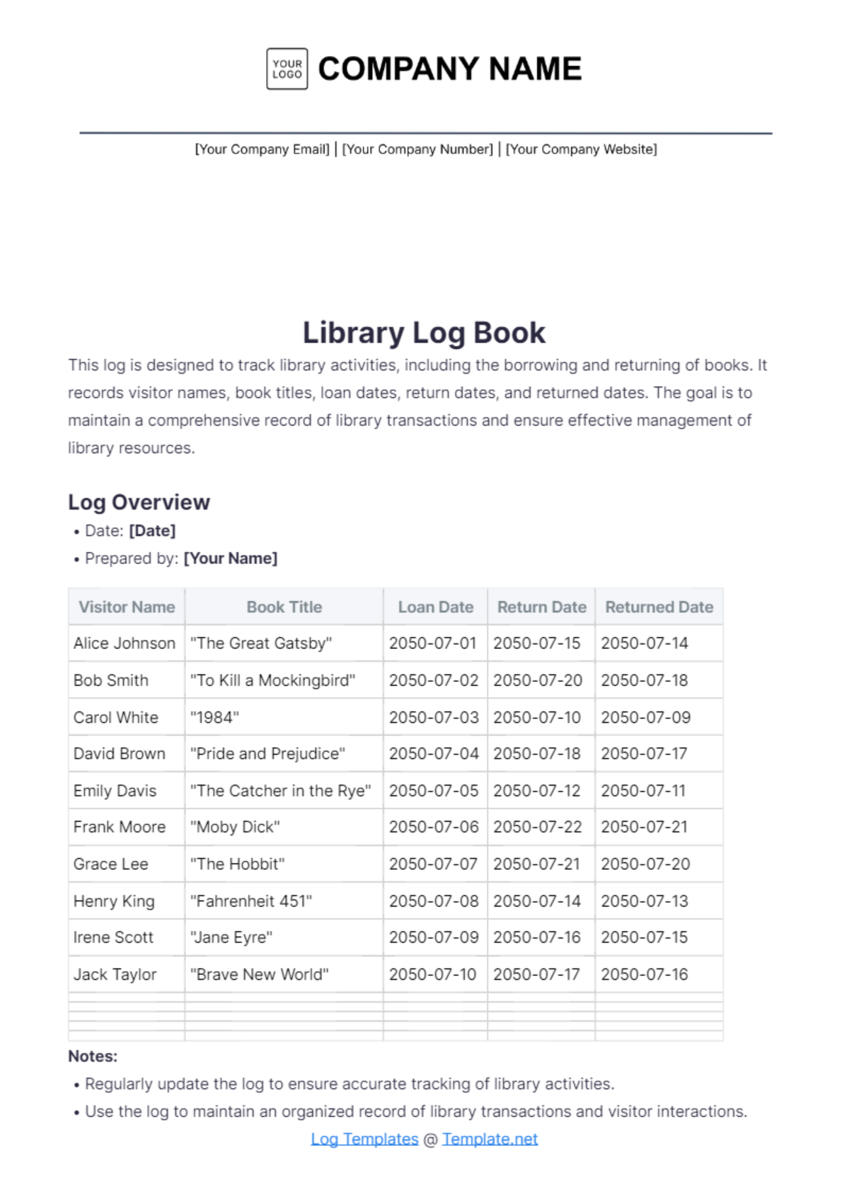 Library Log Book Template - Edit Online & Download