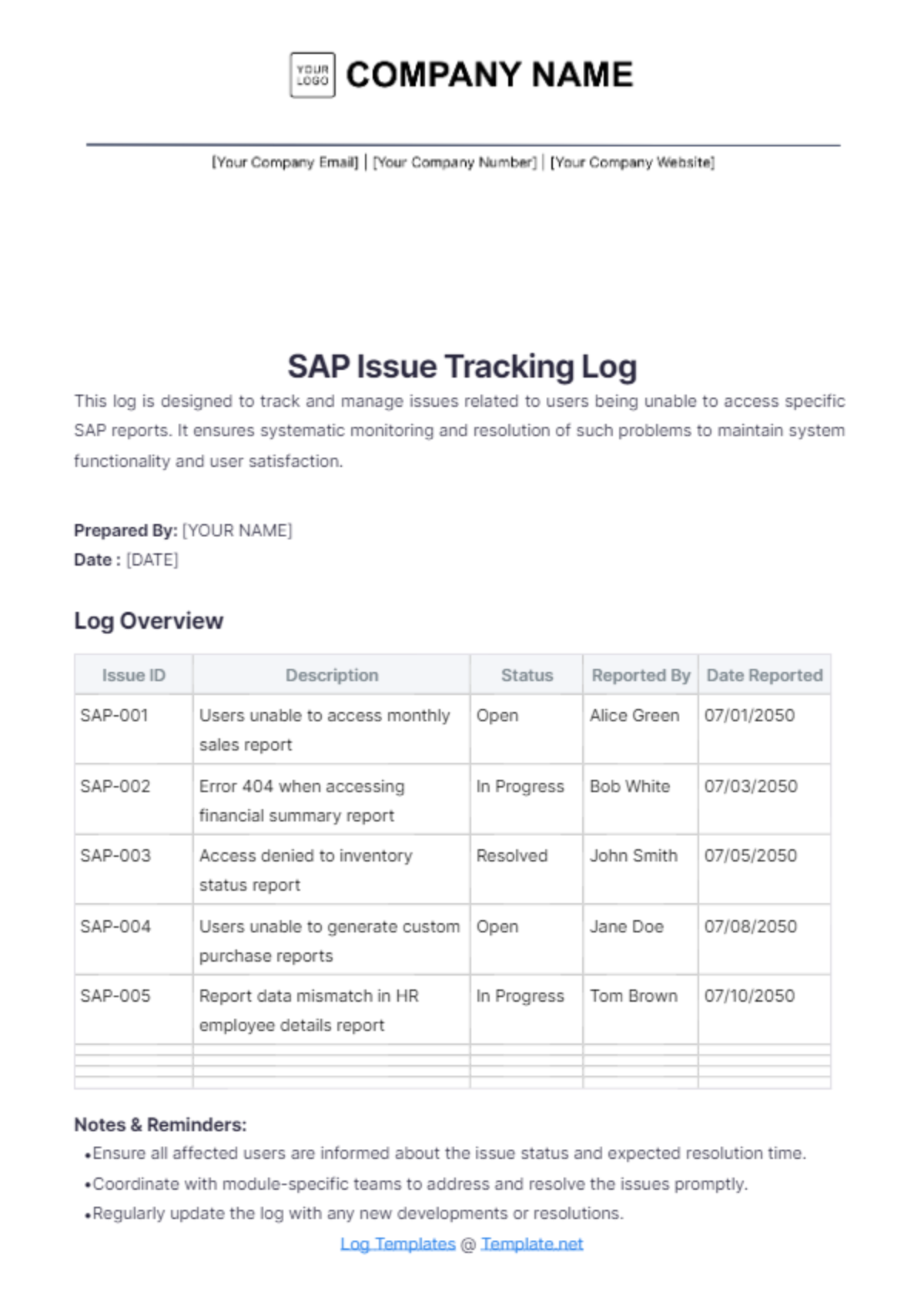 SAP Issue Tracking Log Template