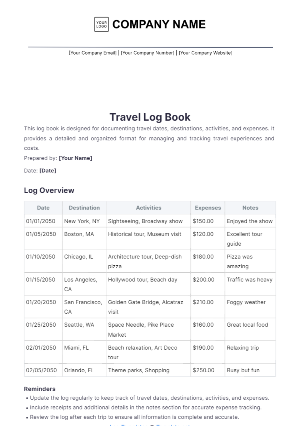 Travel Log Book Template