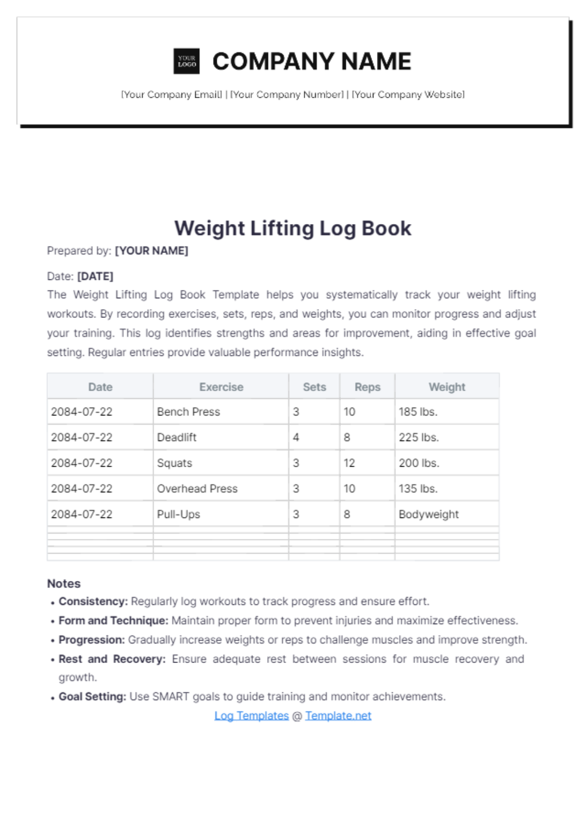 Weight Lifting Log Book Template