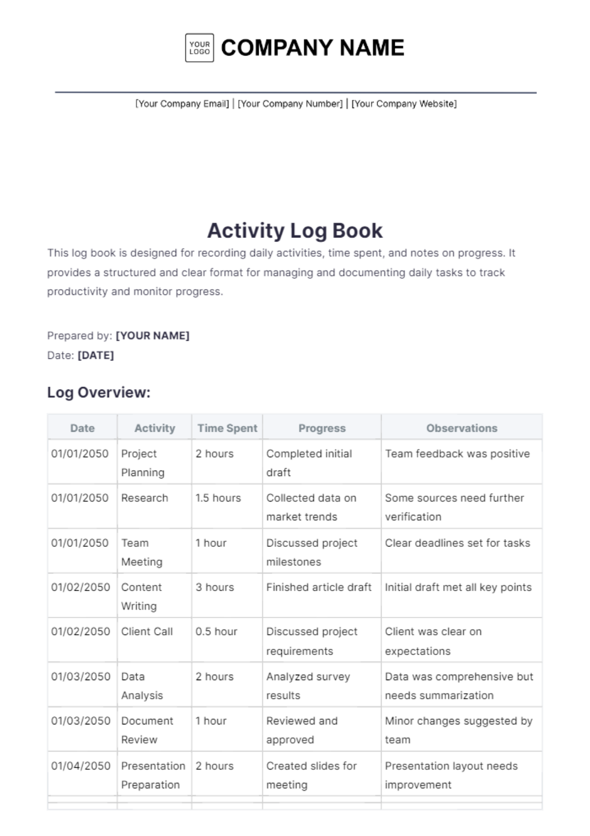 Activity Log Book Template - Edit Online & Download