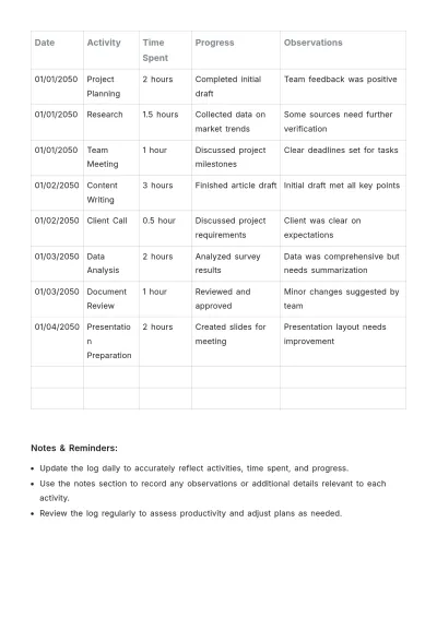 Free Activity Log Book Template to Edit Online