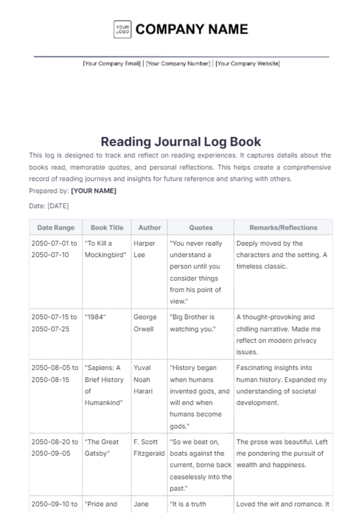 Reading Journal Log Book Template