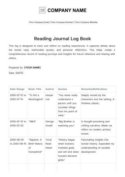 Free Reading Journal Log Book Template to Edit Online