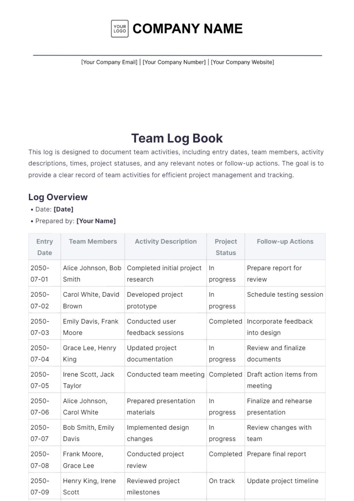 Team Log Book Template - Edit Online & Download