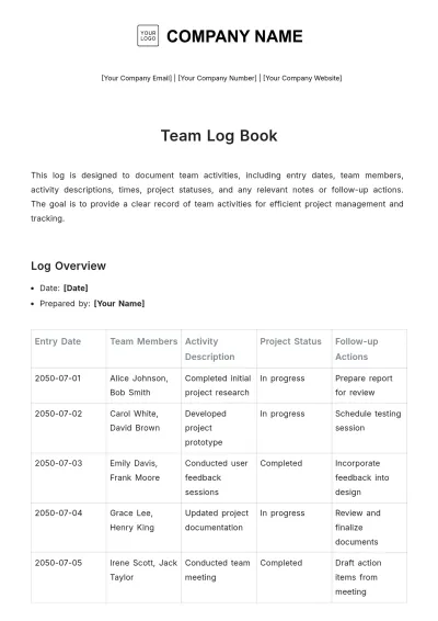 Free Team Log Book Template to Edit Online