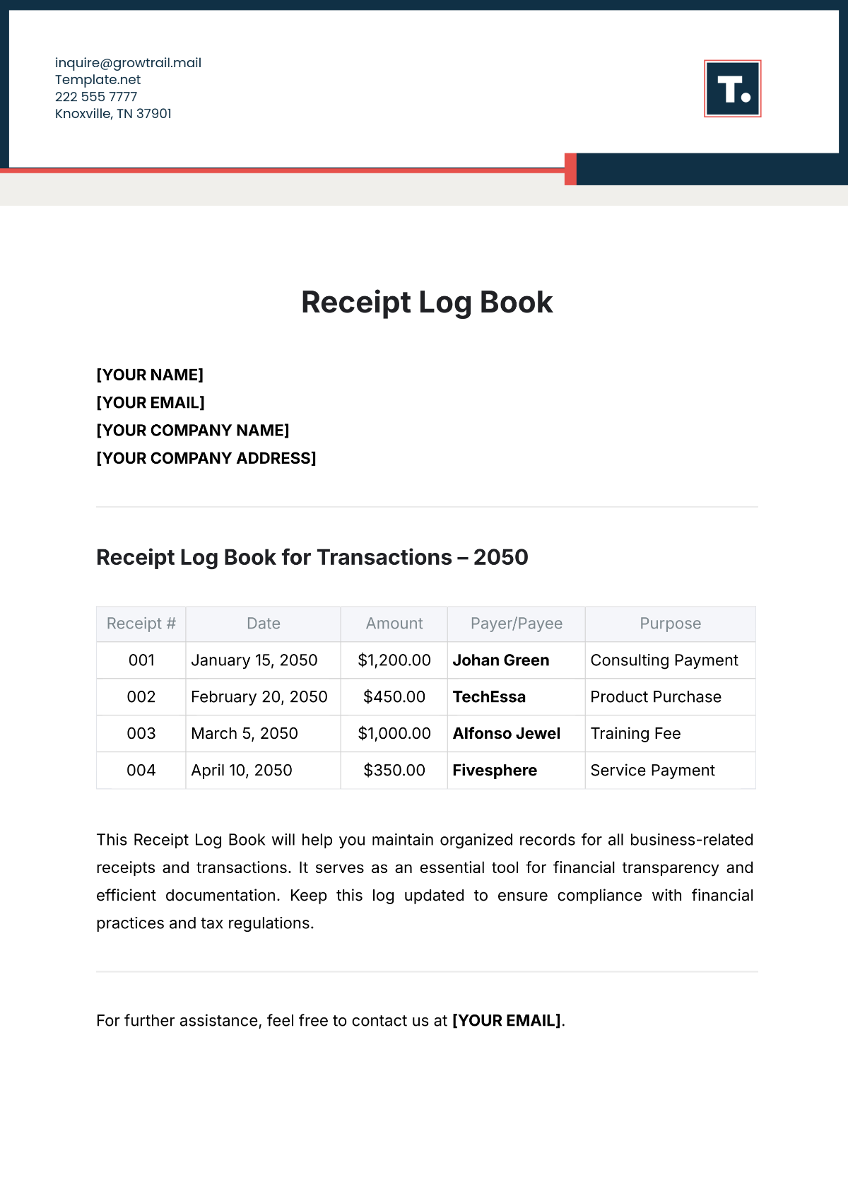 Receipt Log Book Template - Edit Online & Download