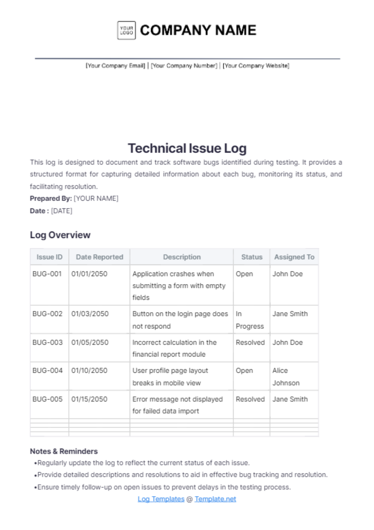 Technical Issue Log Template