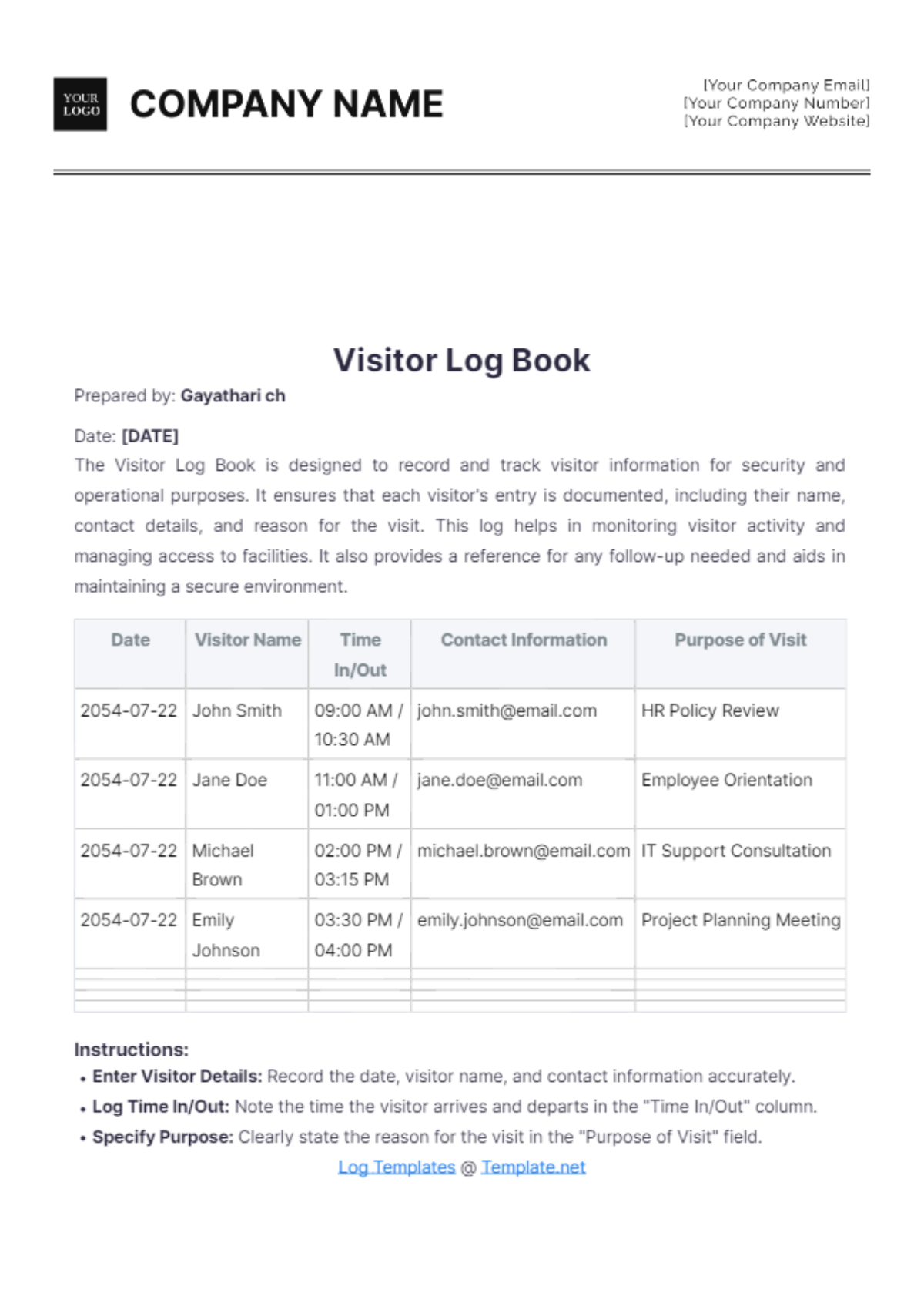 Visitor Log Book Template