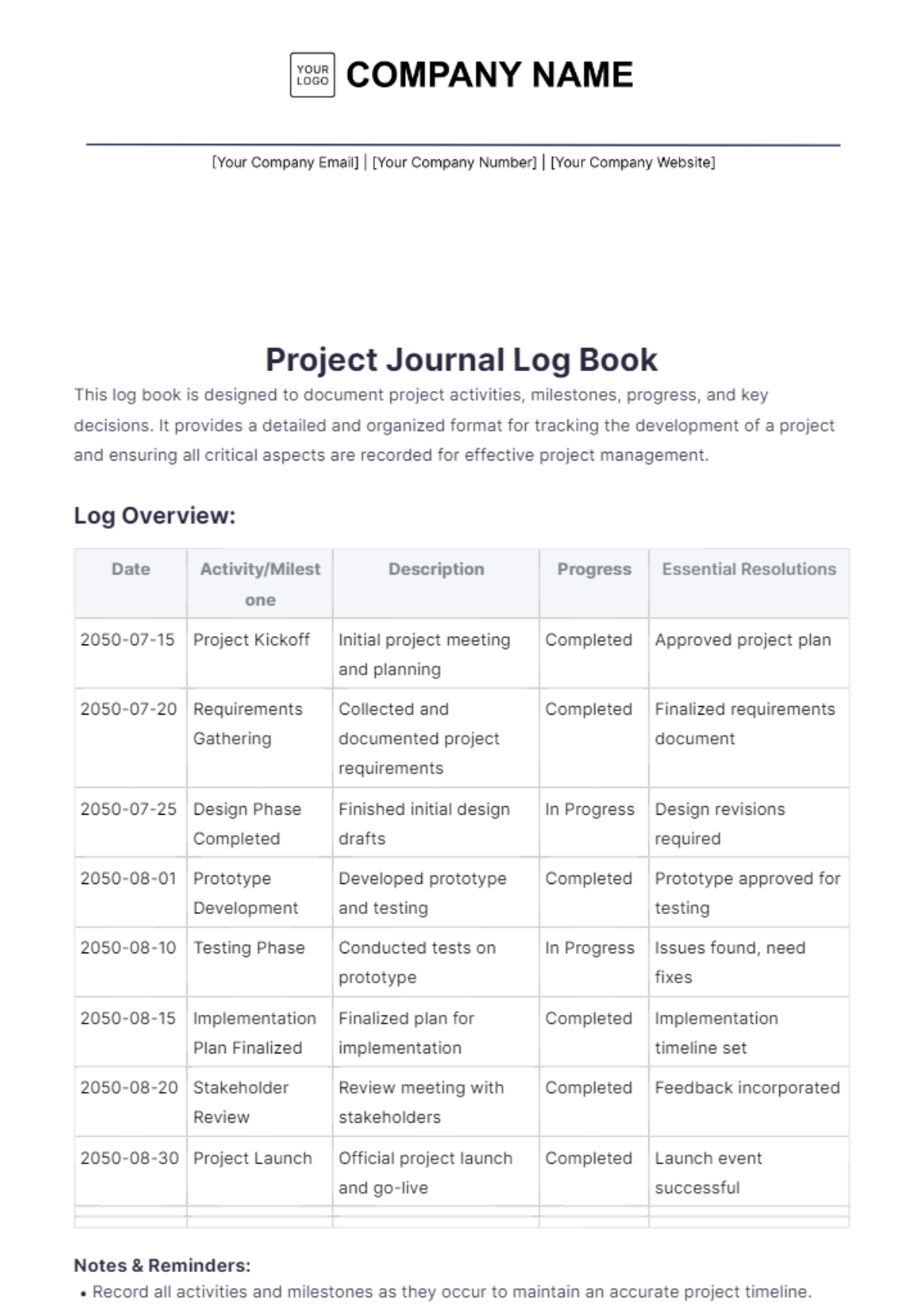 Project Journal Log Book Template - Edit Online & Download