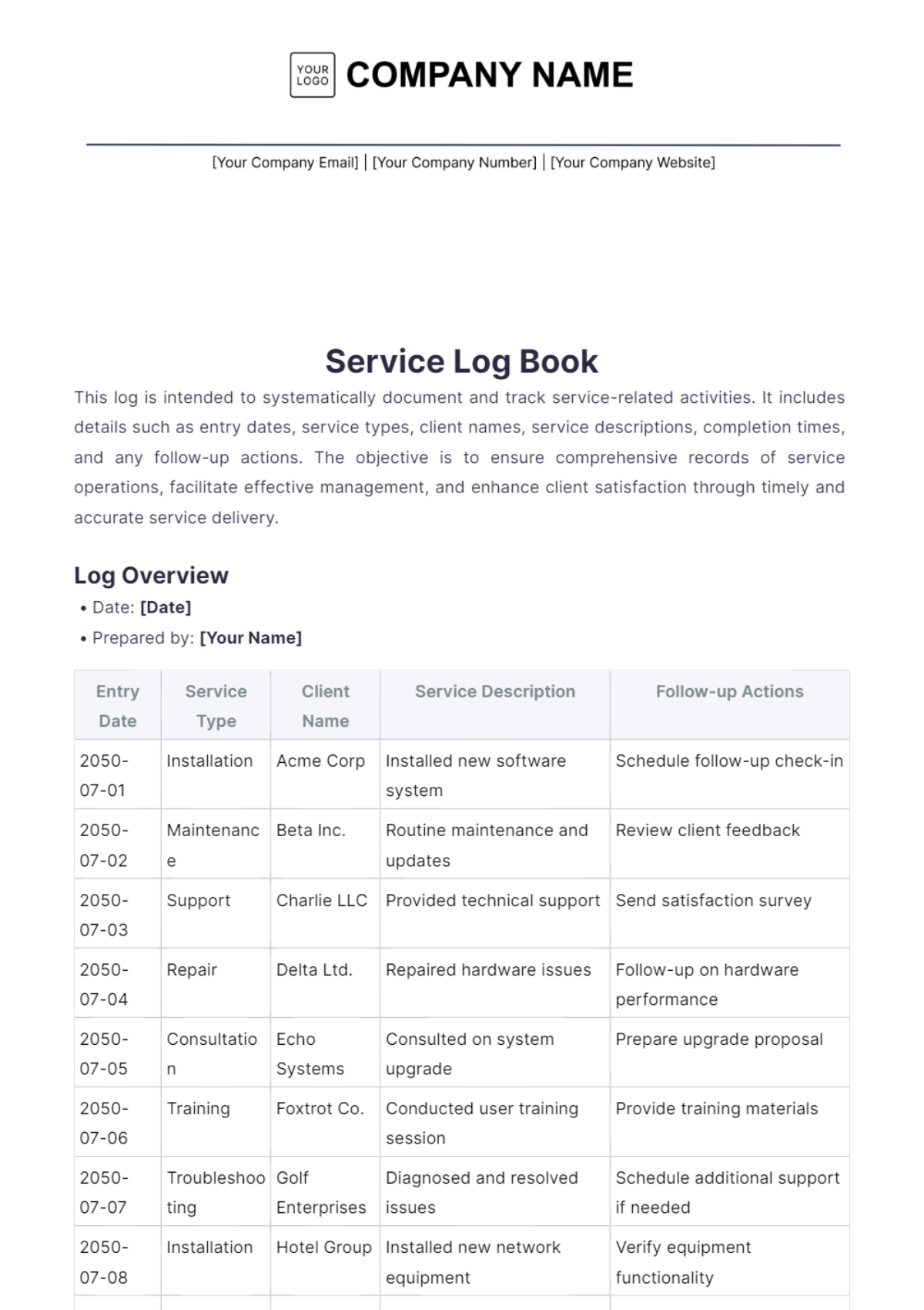 Free Service Log Book Template - Edit Online & Download | Template.net