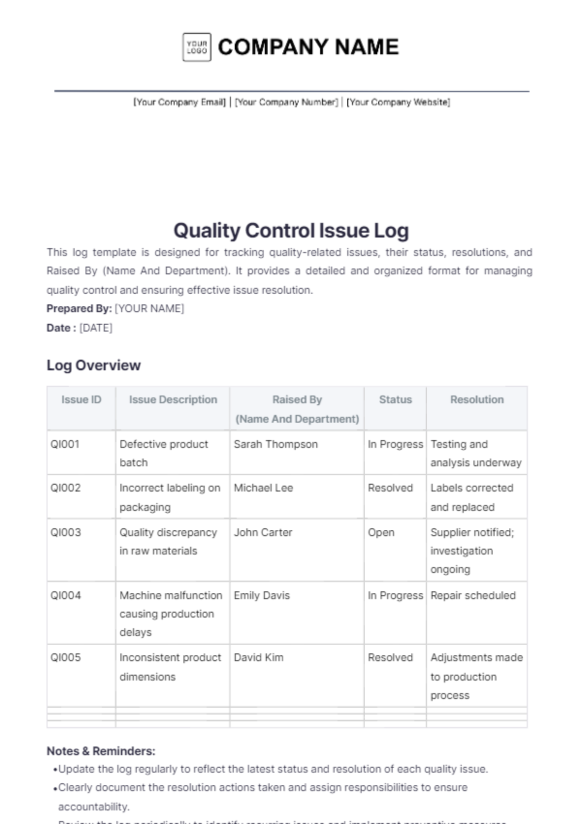 Quality Issue Log Template