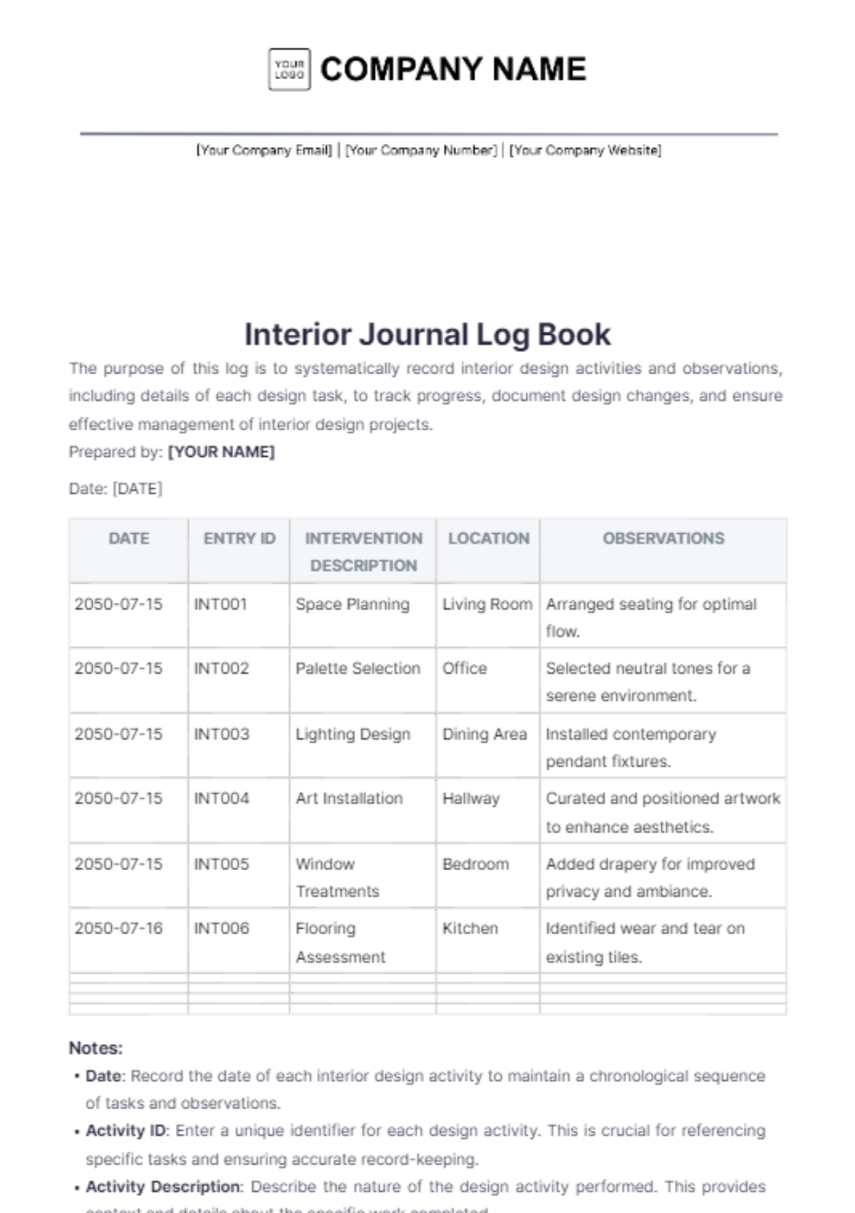 Interior Journal Log Book Template