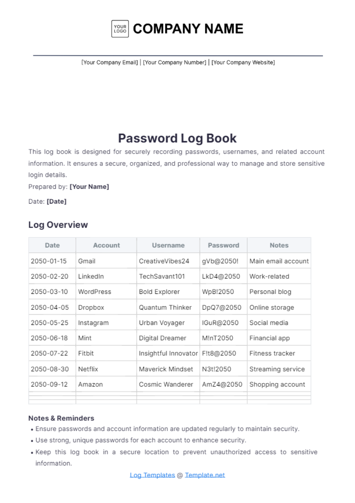 Password Log Book Template - Edit Online & Download