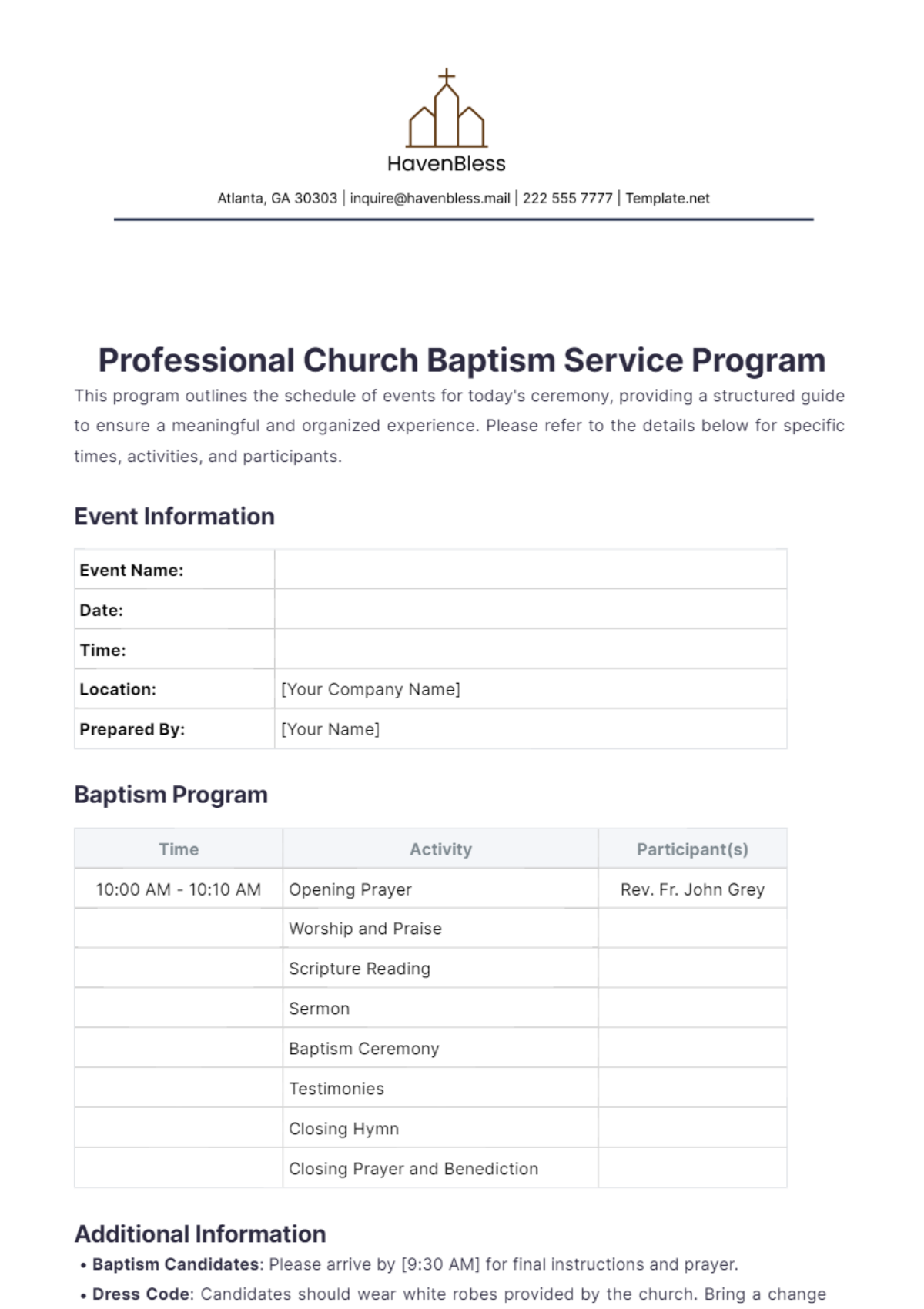 Professional Church Baptism Service Program Template - Edit Online & Download