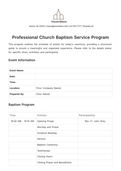 Free Professional Church Baptism Service Program Template to Edit Online