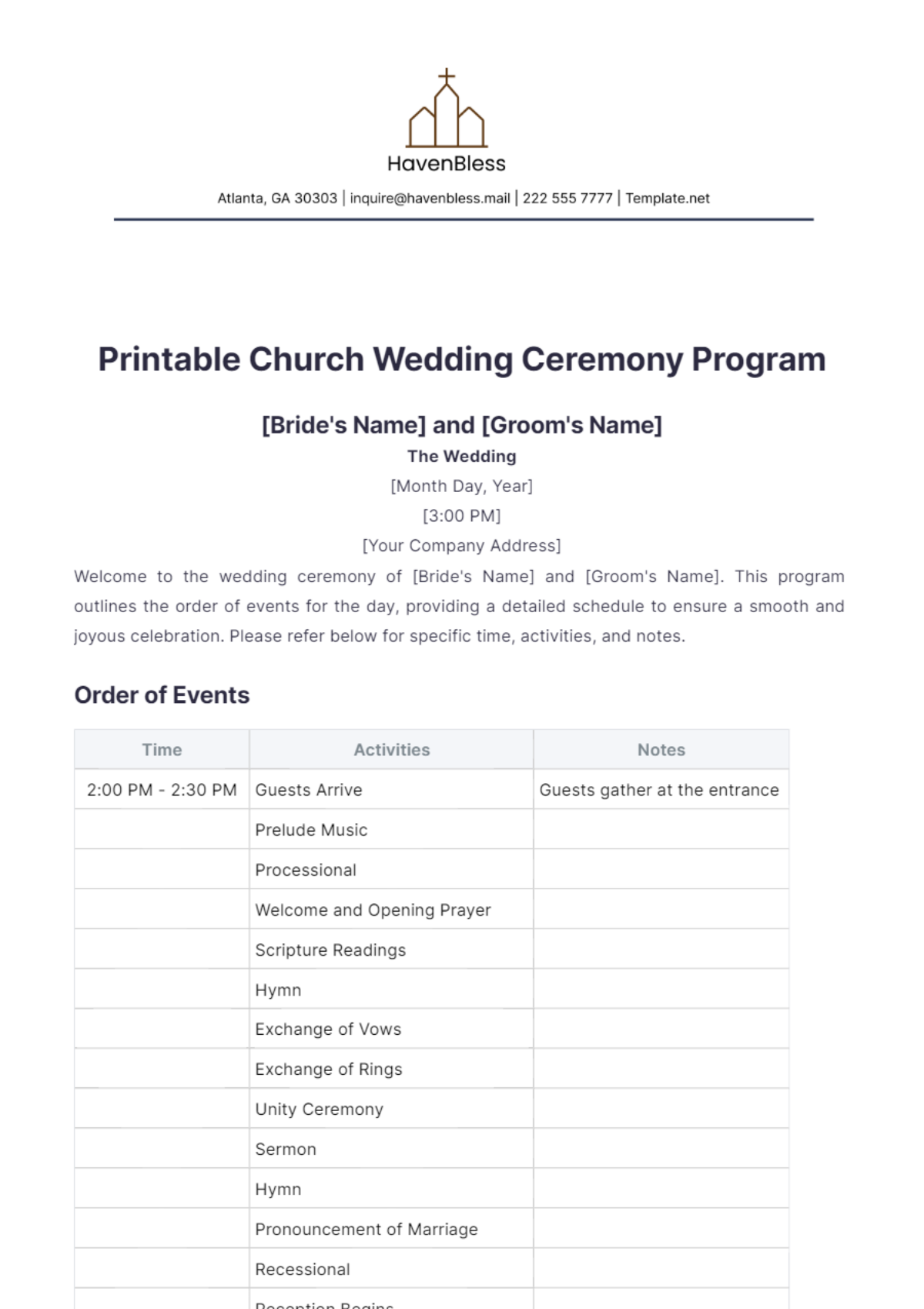 Printable Church Wedding Ceremony Program Template - Edit Online & Download