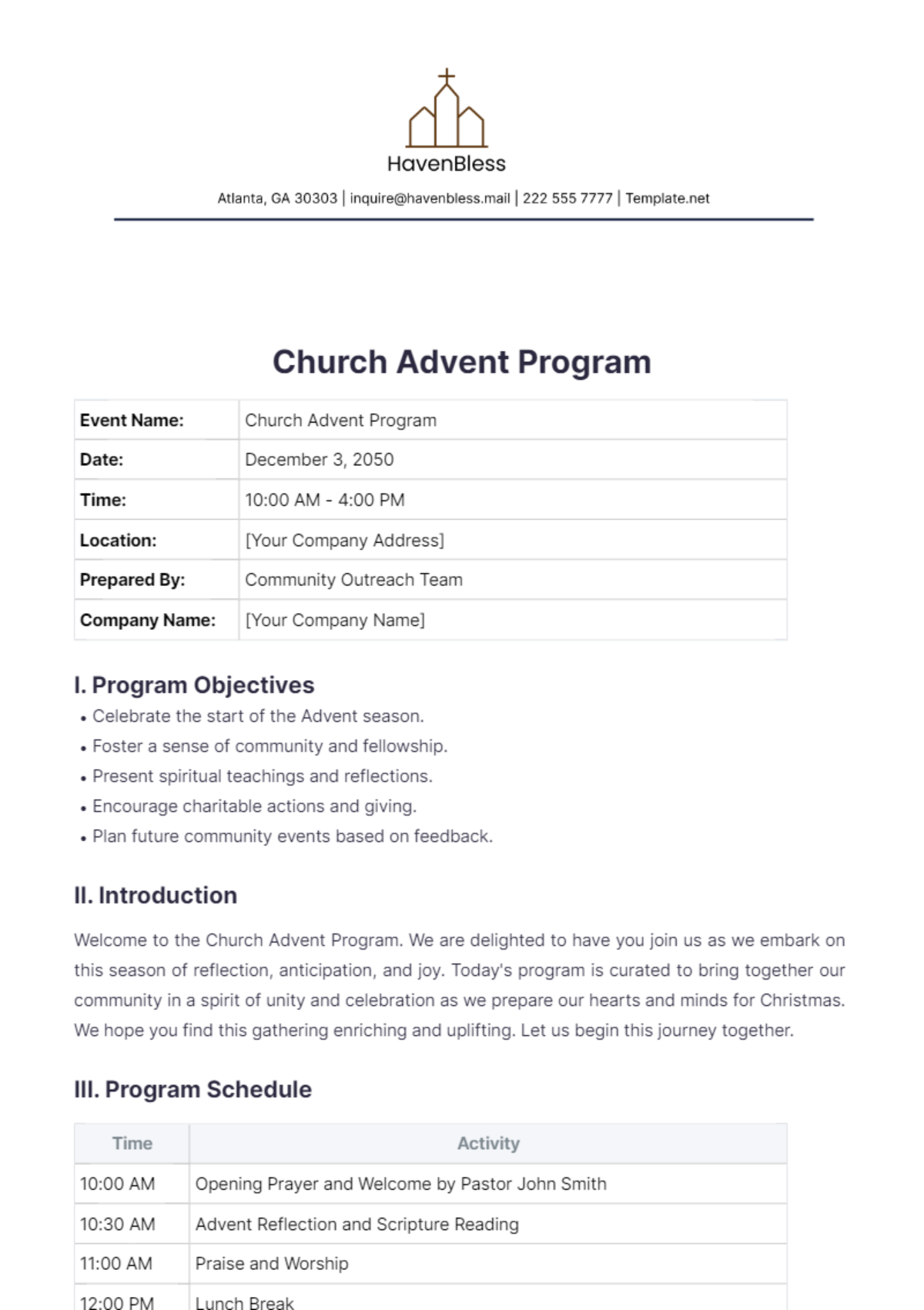 Church Advent Program Template - Edit Online & Download