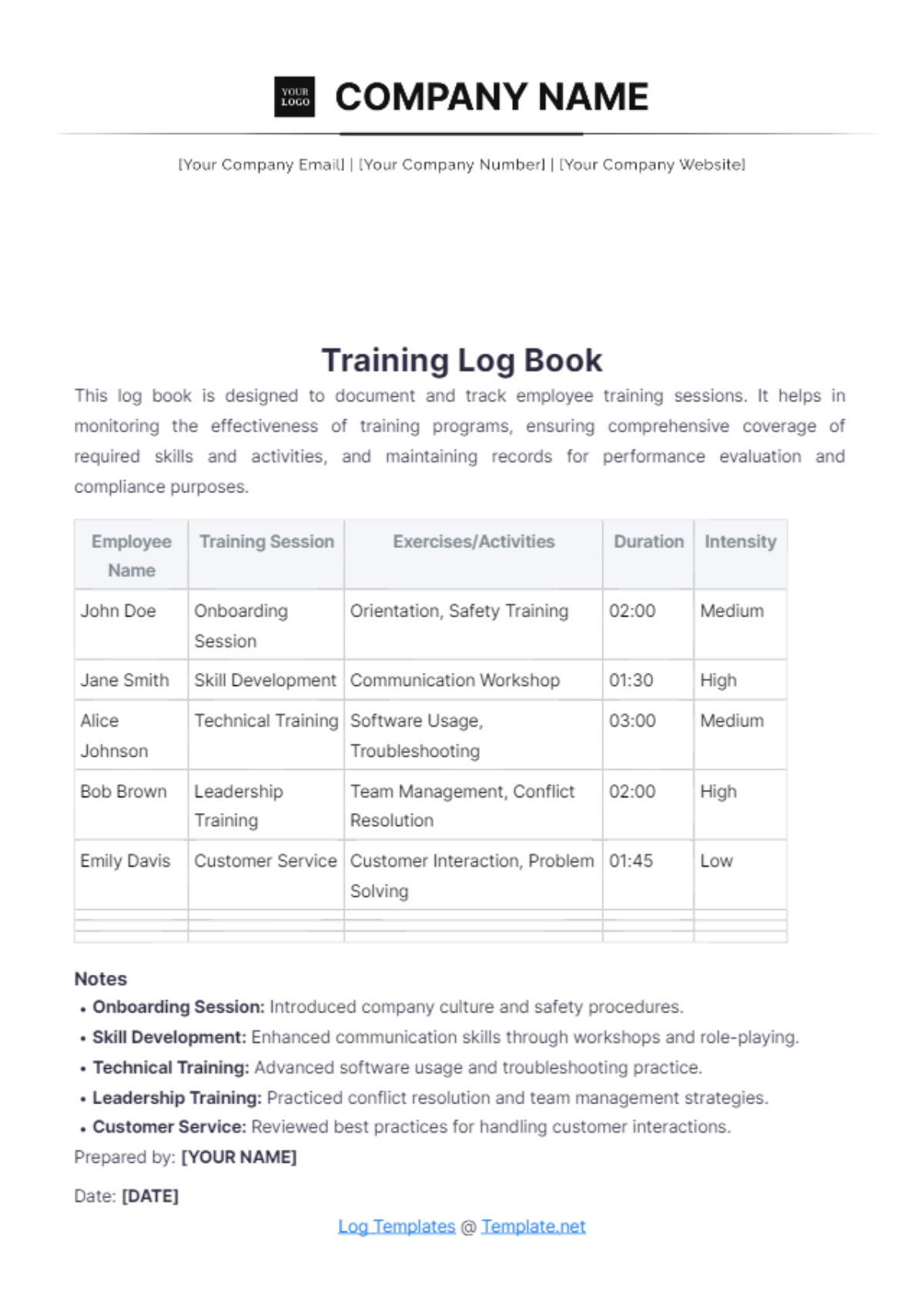 Training Log Book Template