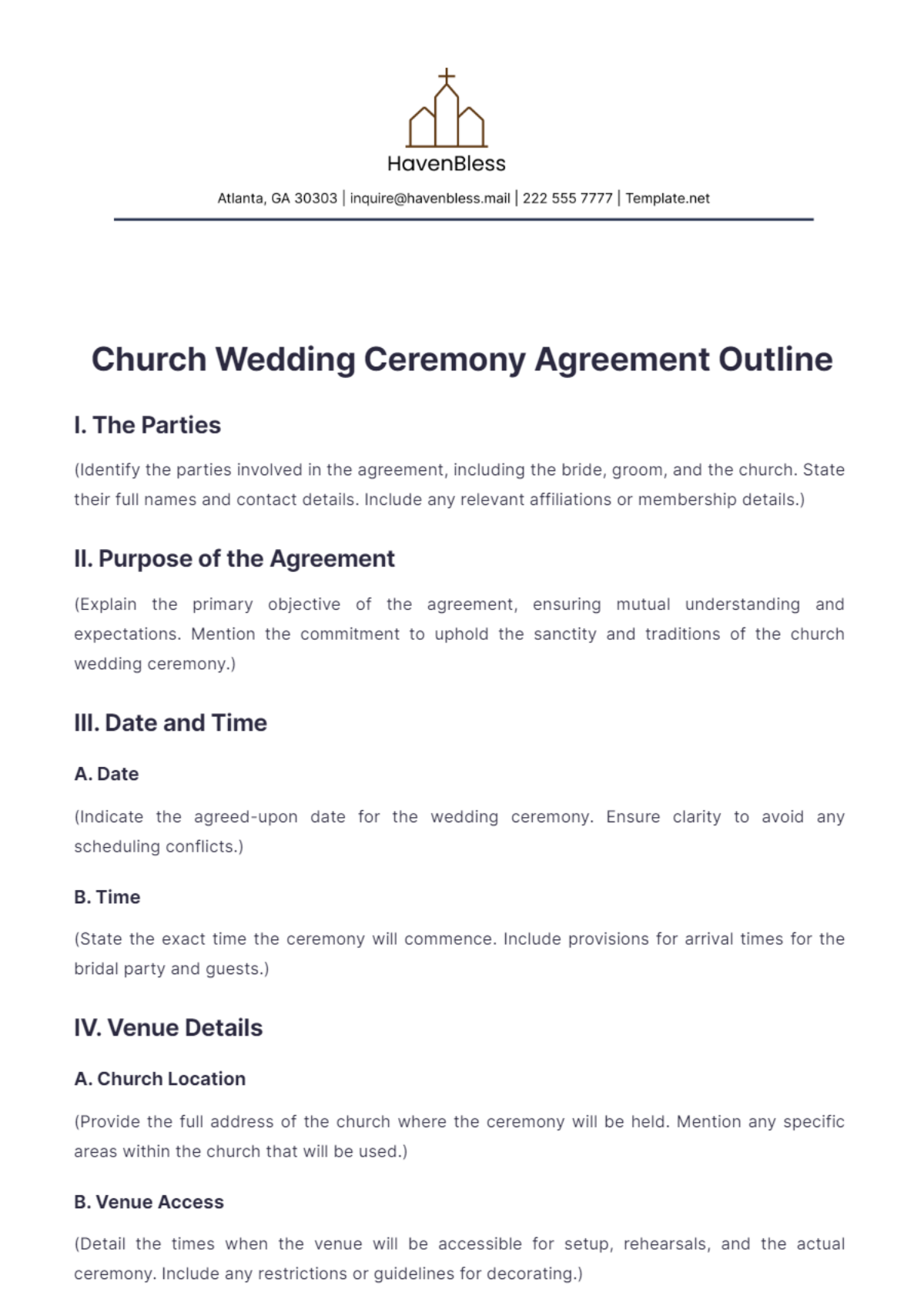 Church Wedding Ceremony Agreement Outline Template