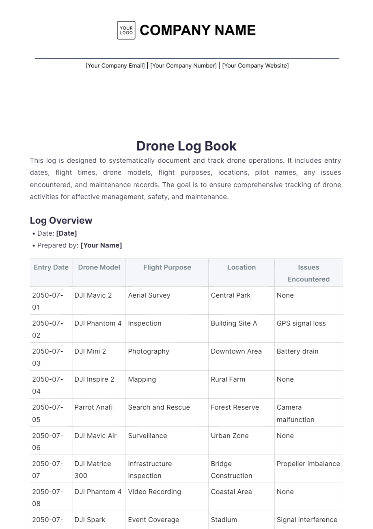 Drone Log Book Template - Edit Online & Download