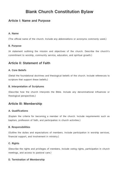 Free Blank Church Constitution Bylaw Template to Edit Online