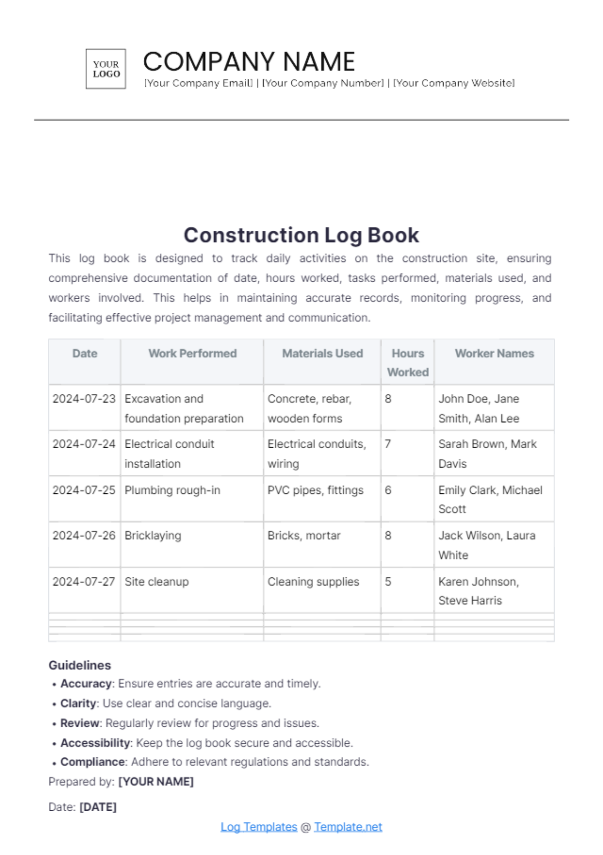 Construction Log Book Template - Edit Online & Download