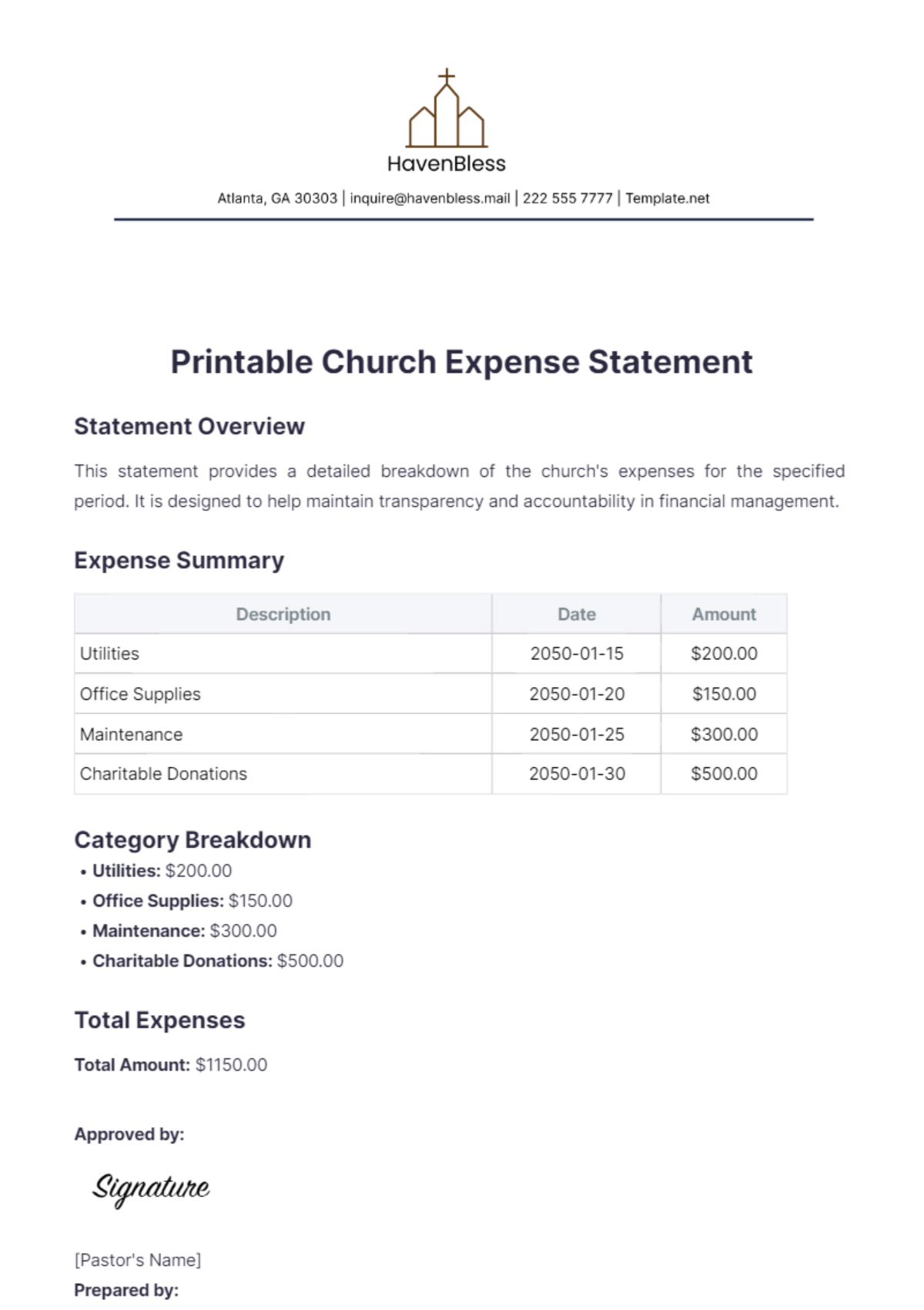 Printable Church Expense Statement Template