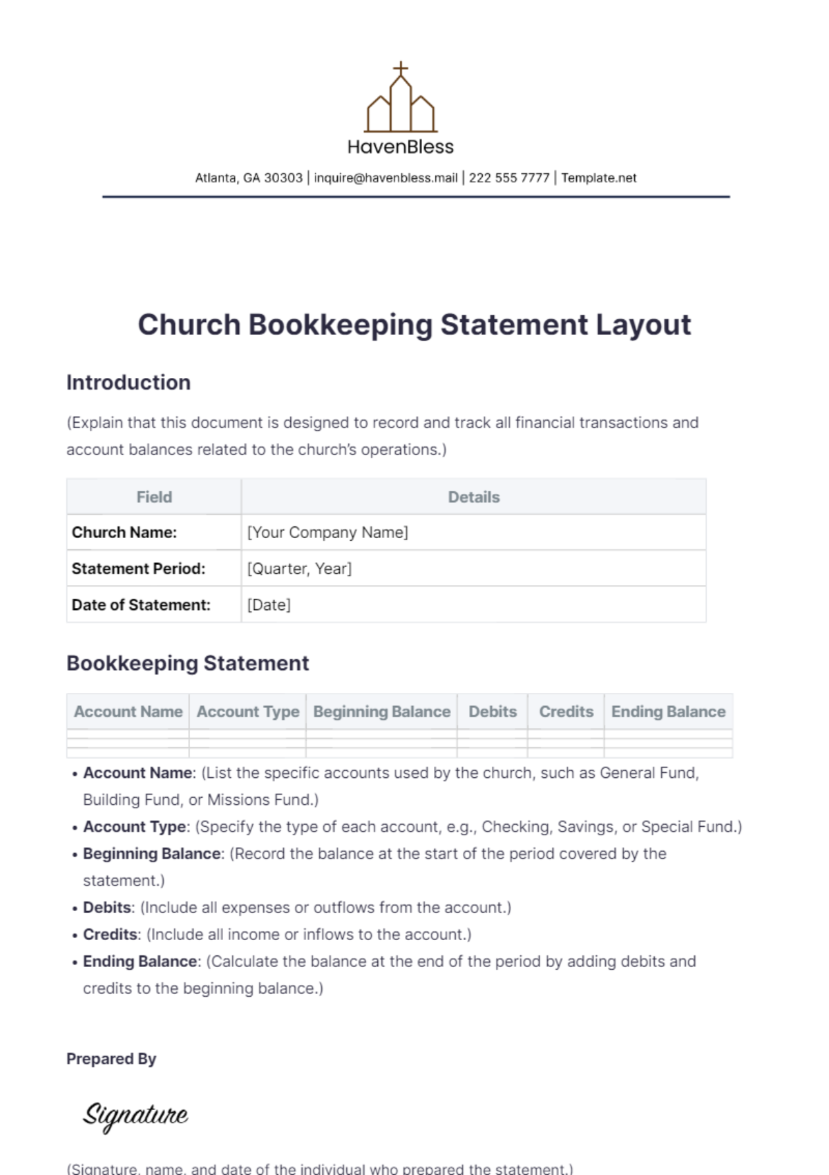 Church Bookkeeping Statement Layout Template - Edit Online & Download