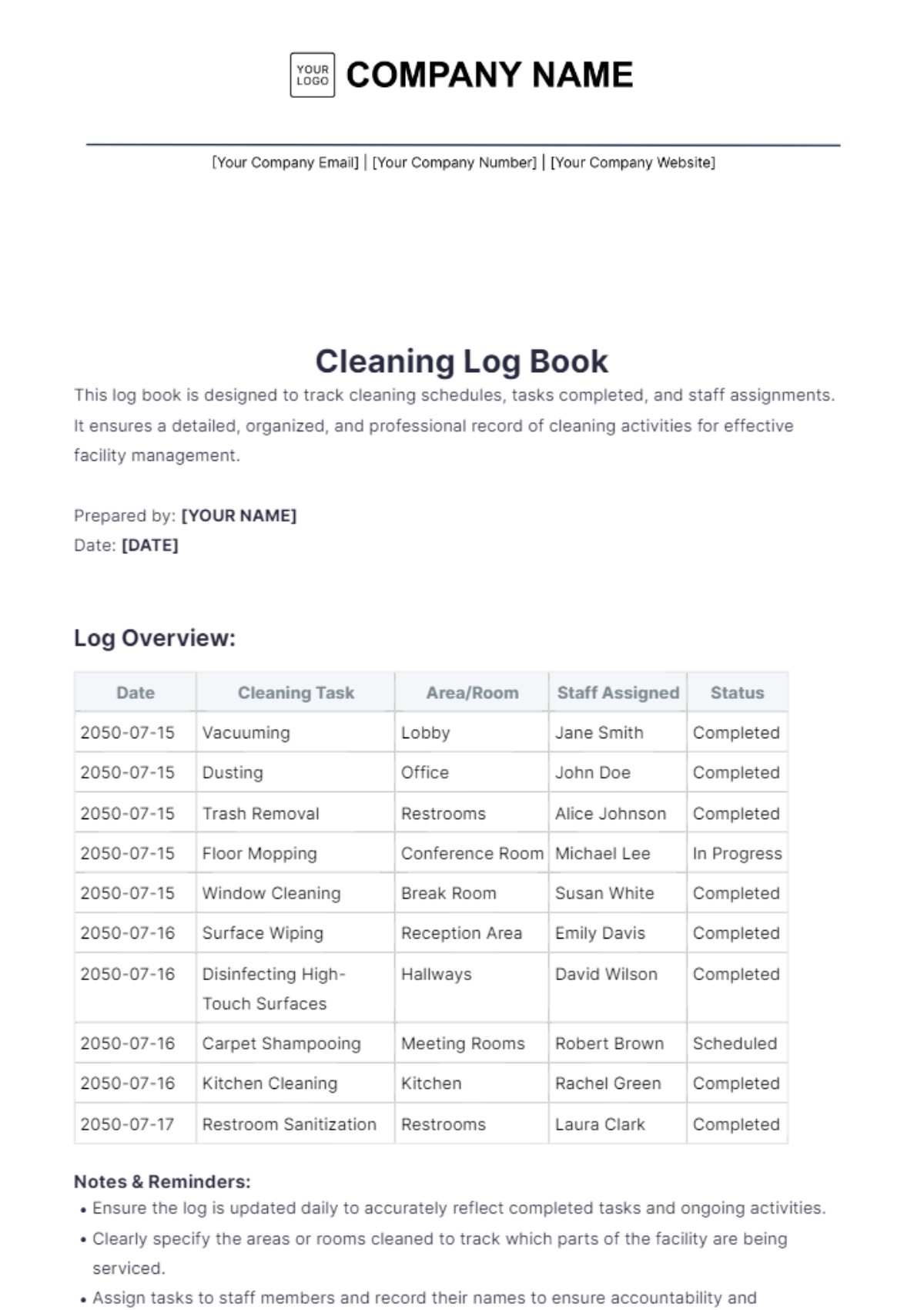 Cleaning Log Book Template - Edit Online & Download