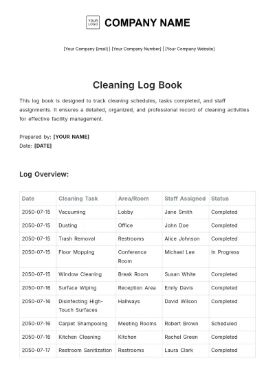 Free Cleaning Log Book Template to Edit Online