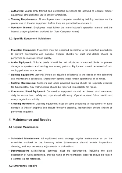 Free Movie Theater Equipment Usage Policy Template to Edit Online