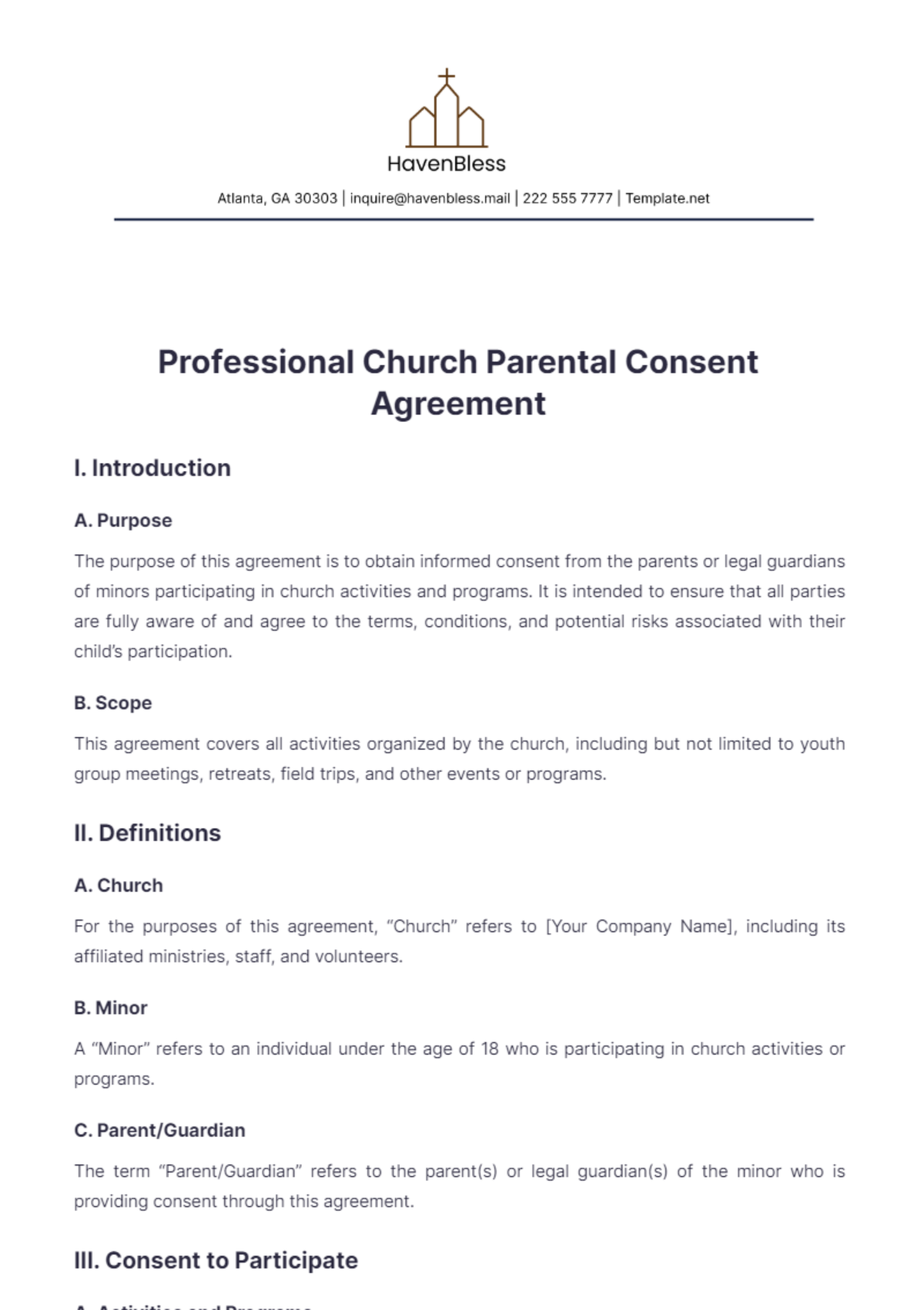 Professional Church Parental Consent Agreement Template - Edit Online & Download