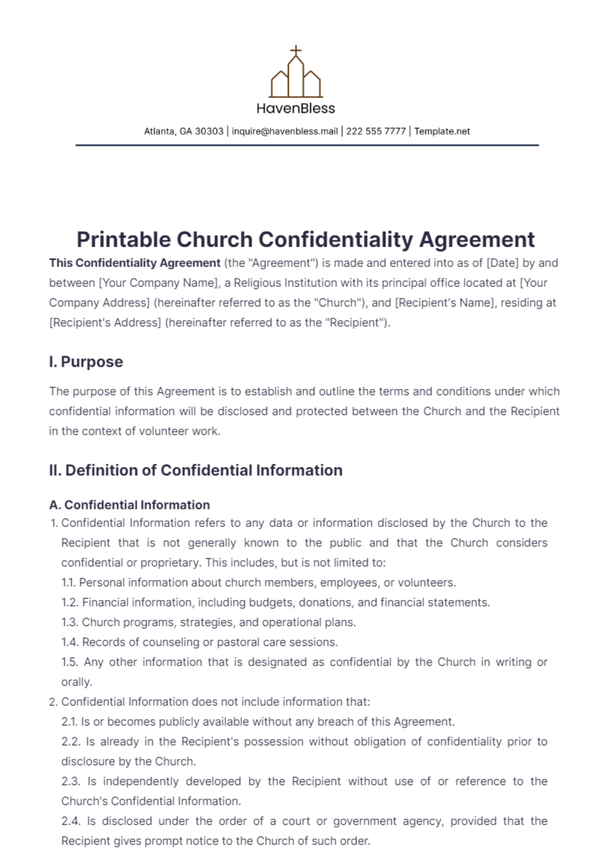 Printable Church Confidentiality Agreement Template - Edit Online & Download