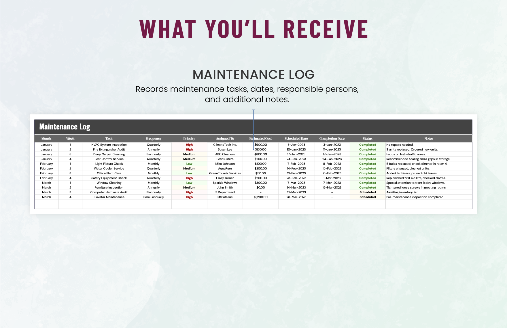 Administration Office Maintenance Log Template
