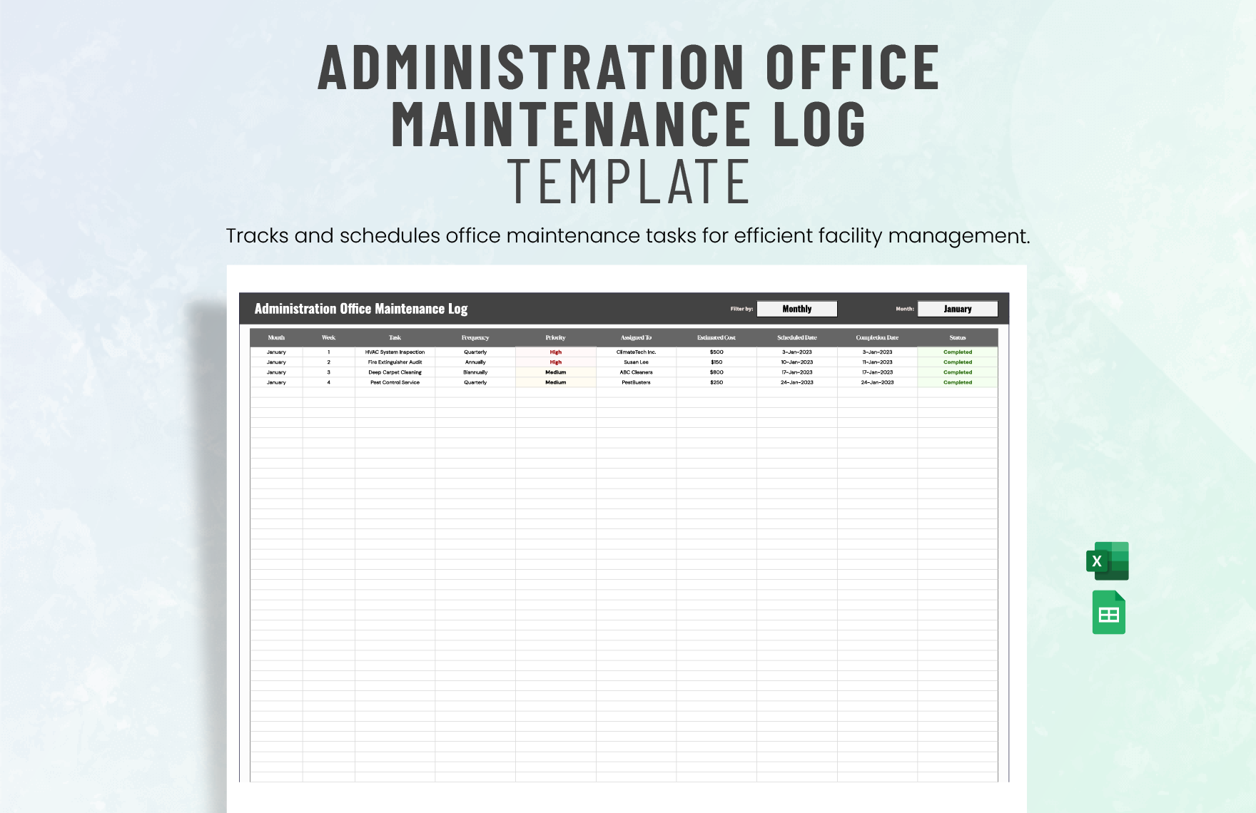 Administration Office Maintenance Log Template in Excel, Google Sheets