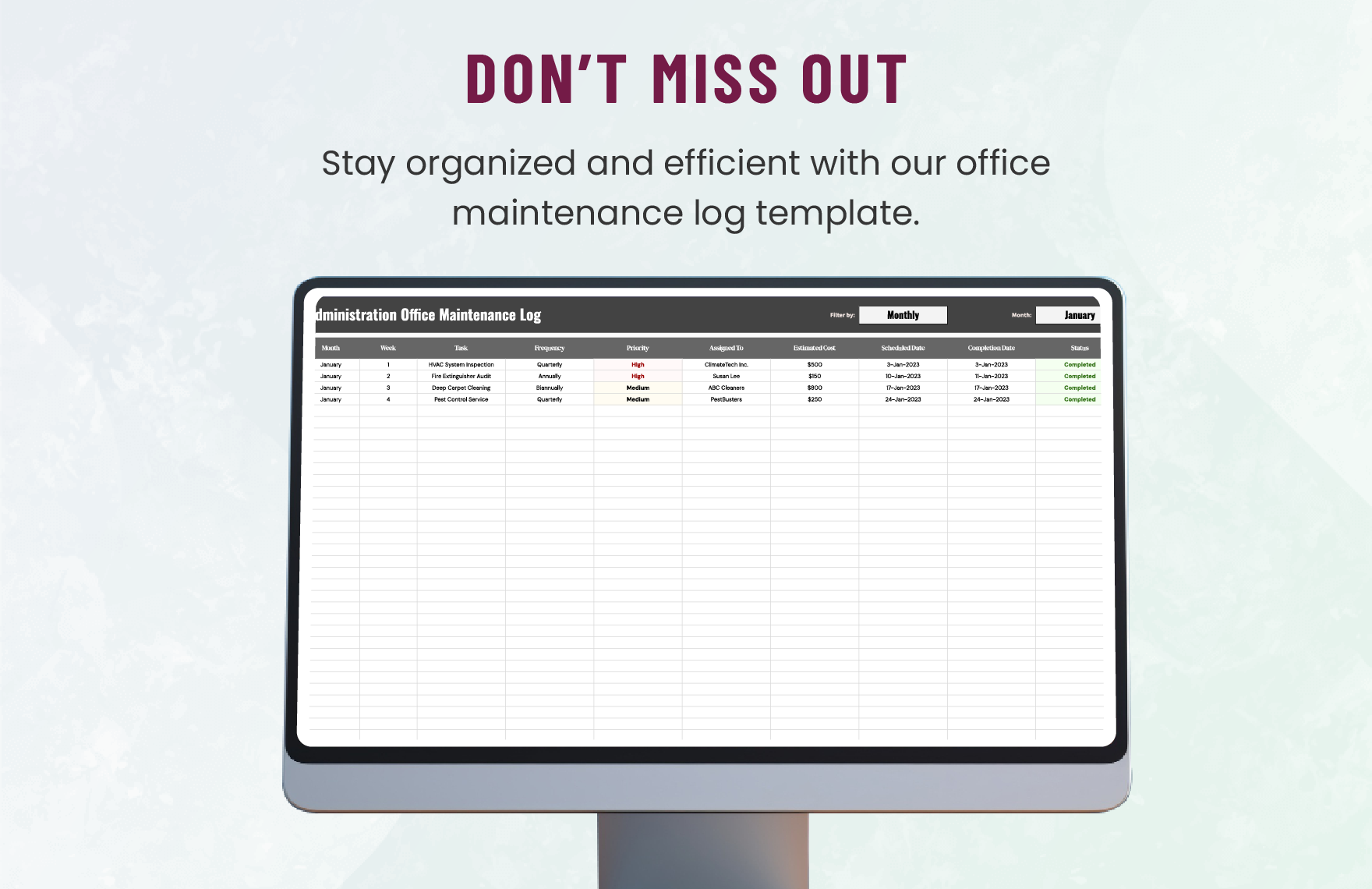 Administration Office Maintenance Log Template