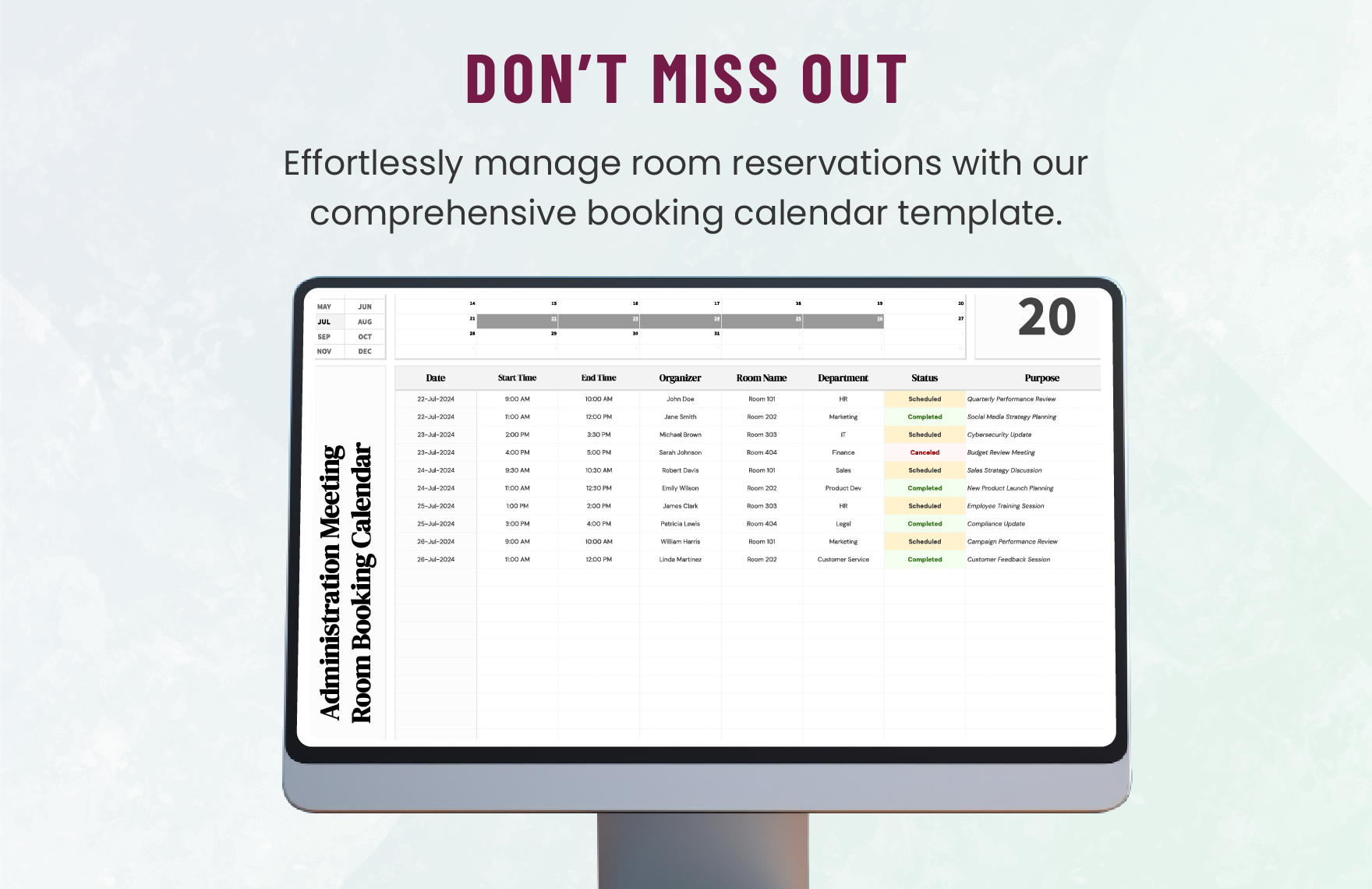 Administration Meeting Room Booking Calendar Template