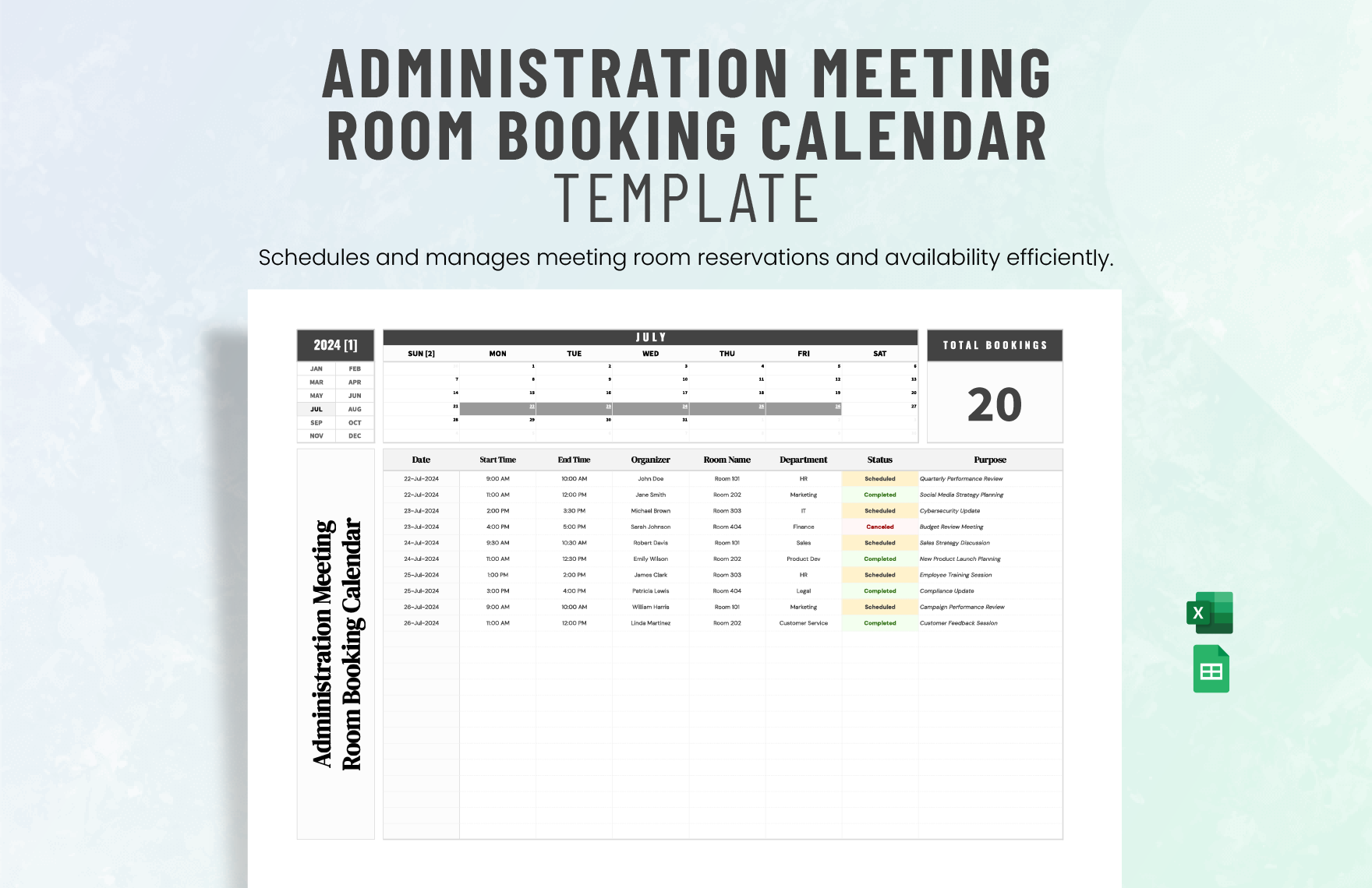 Administration Meeting Room Booking Calendar Template in Excel, Google Sheets