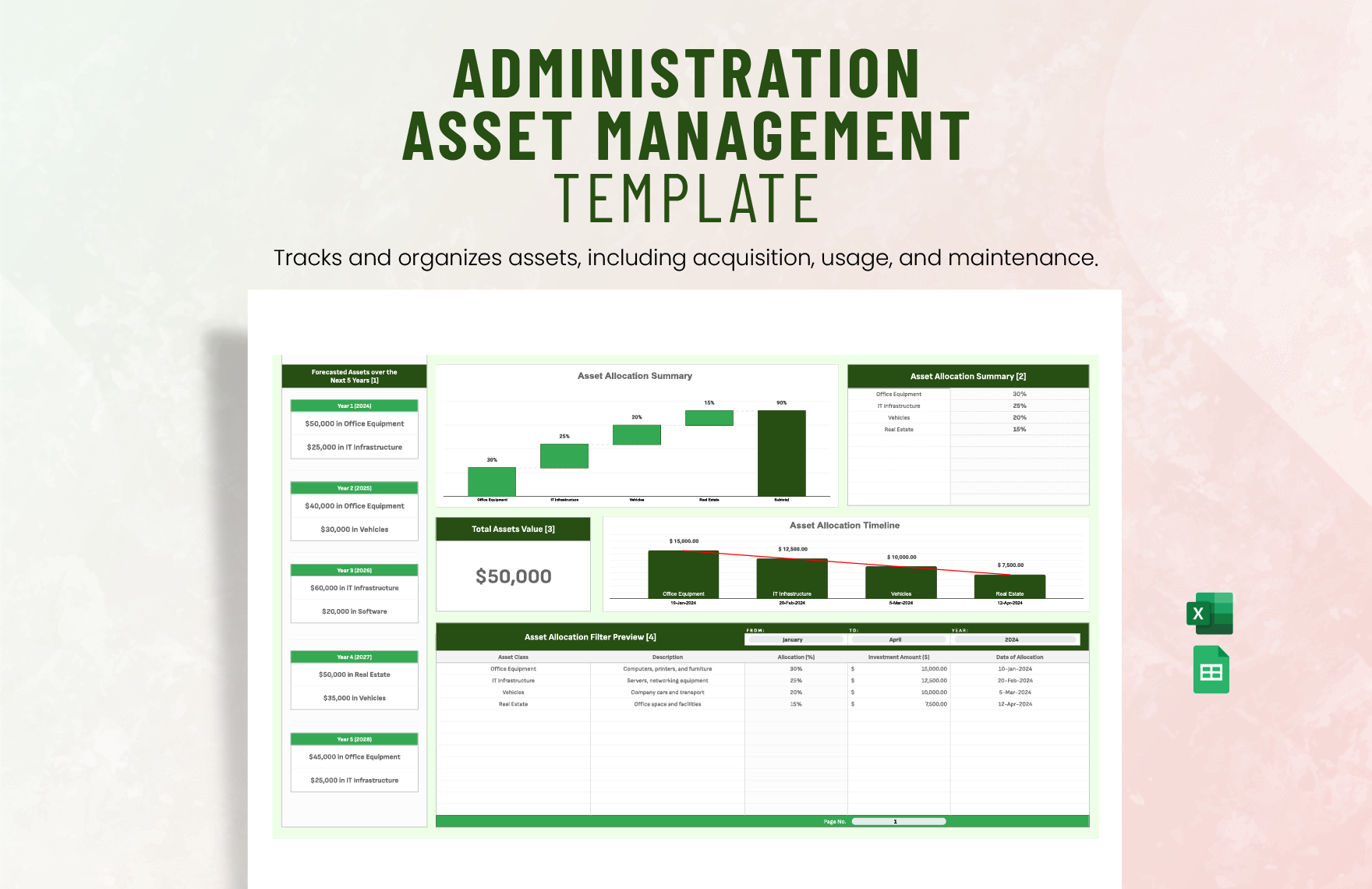 Administration Asset Management Template in Excel, Google Sheets