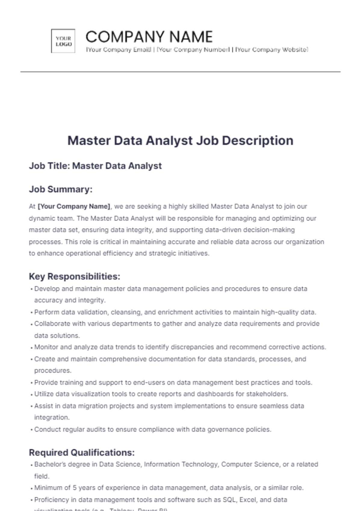 Master Data Analyst Job Description Template - Edit Online & Download