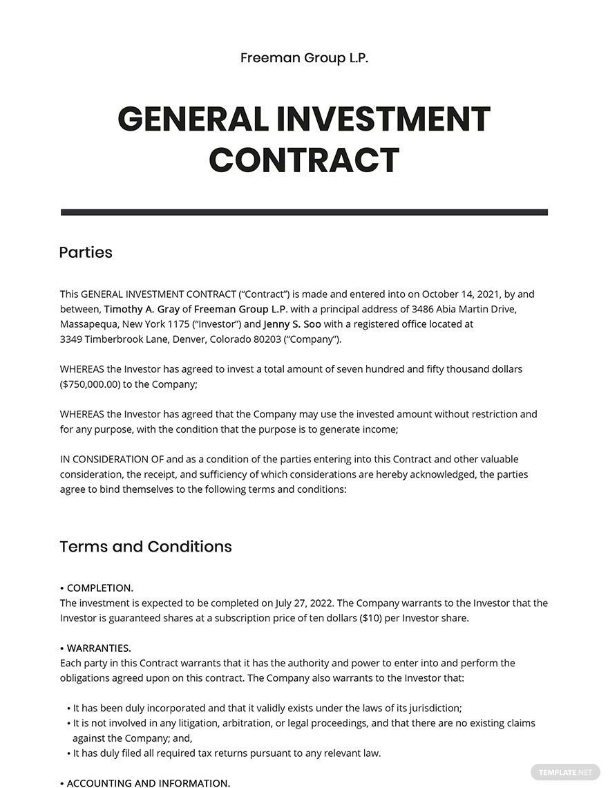 General Investment contract Template