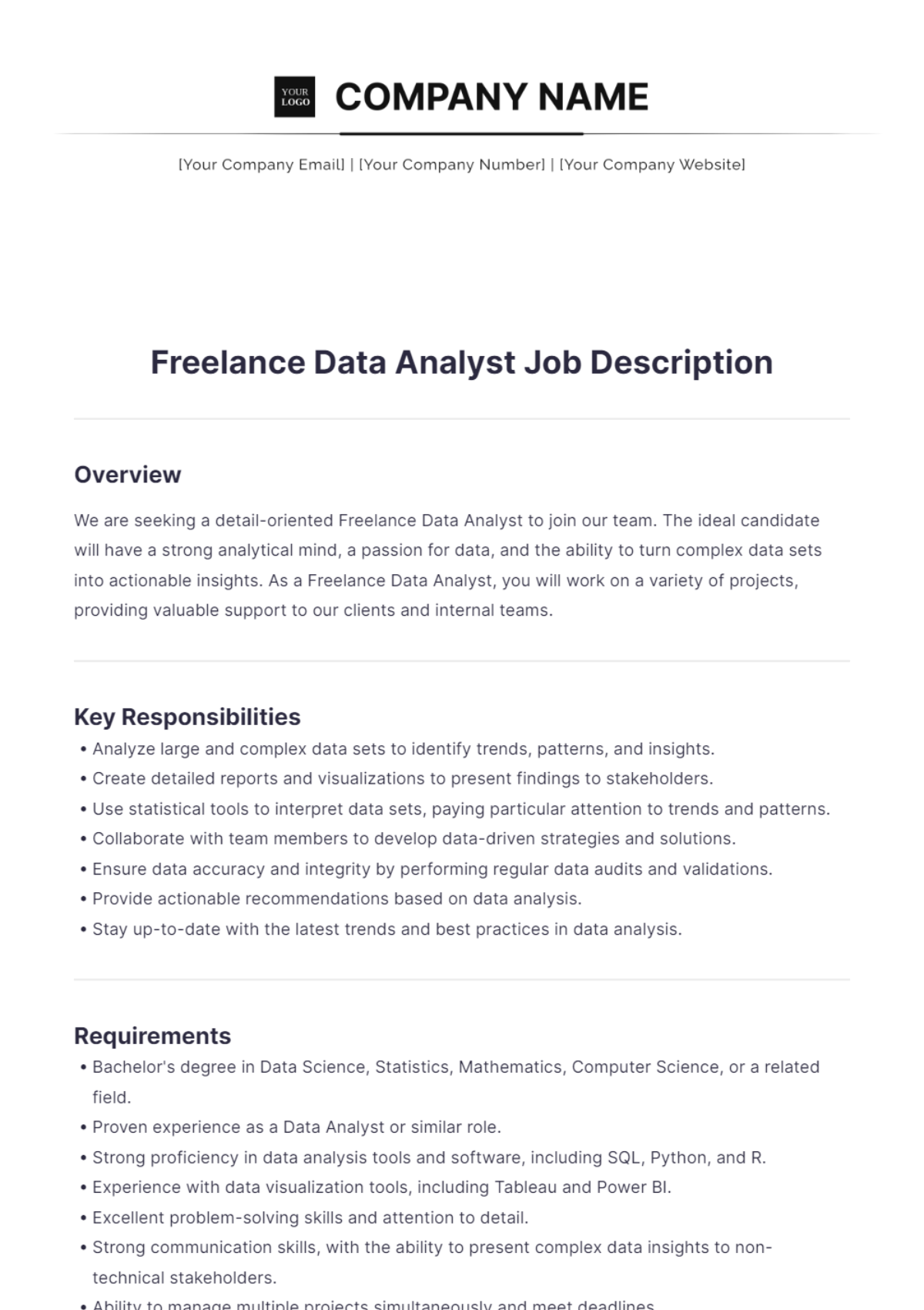 Freelance Data Analyst Job Description Template - Edit Online & Download