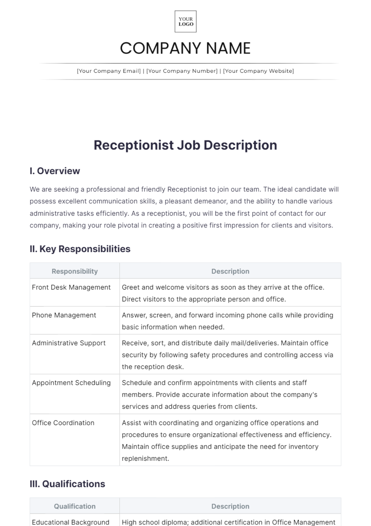 Receptionist Job Description Template - Edit Online & Download