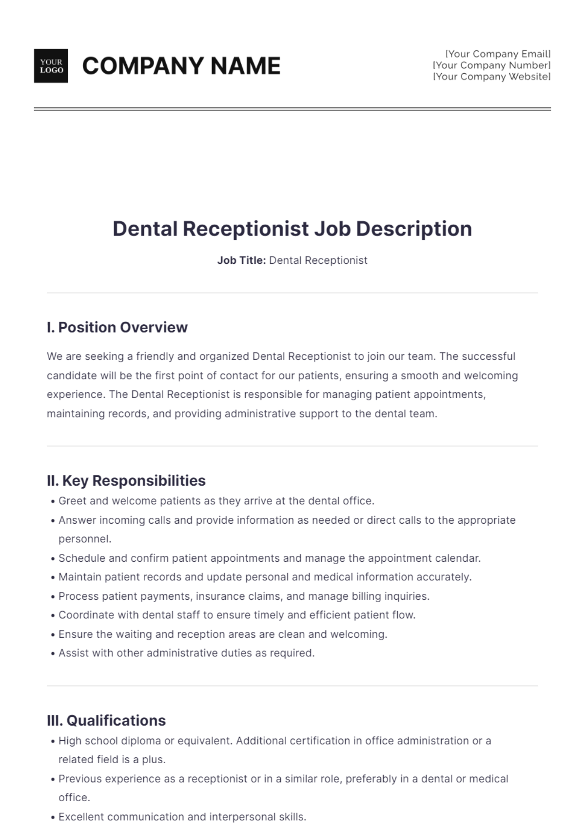 Dental Receptionist Job Description Template - Edit Online & Download