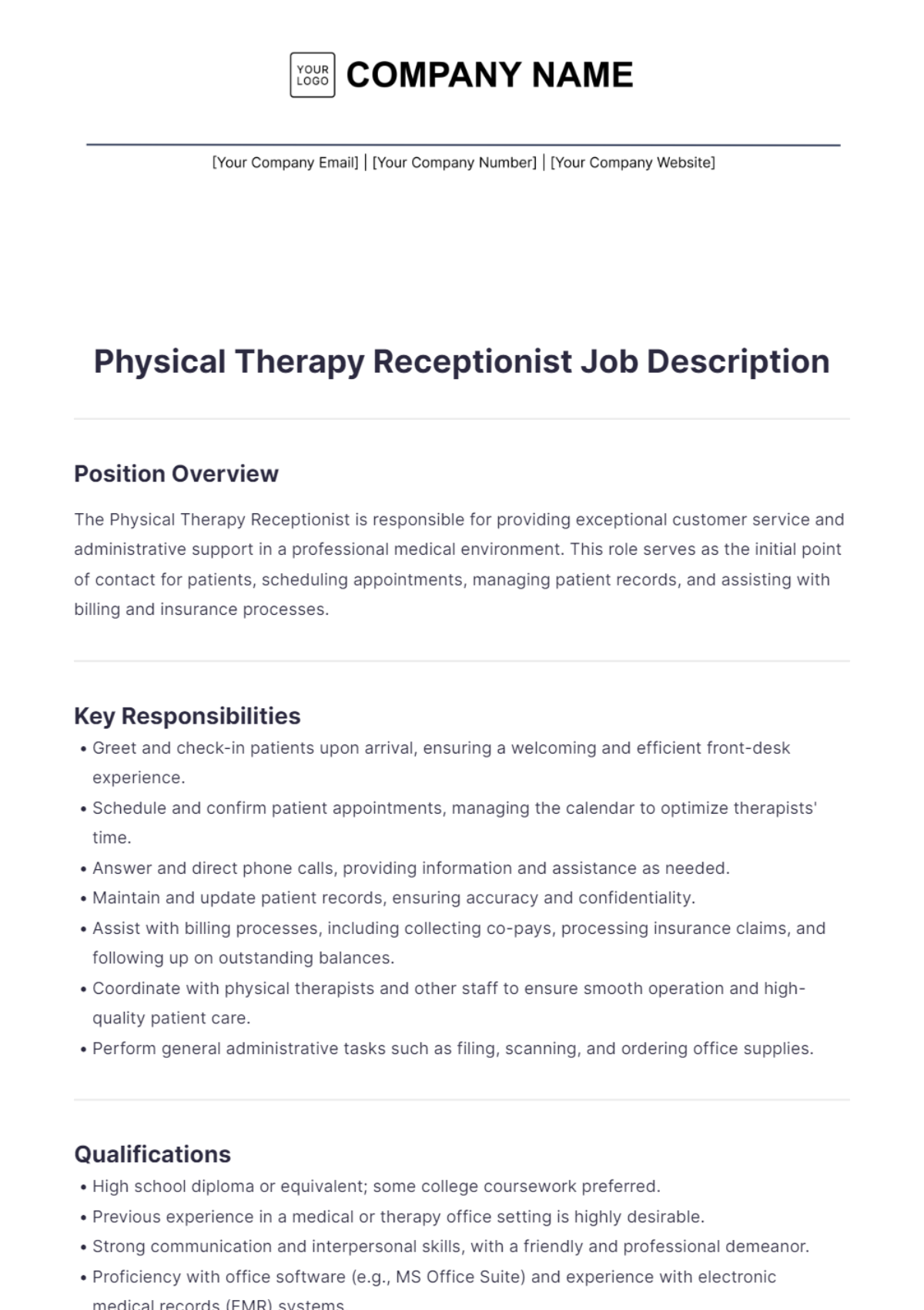 Physical Therapy Receptionist Job Description Template - Edit Online & Download